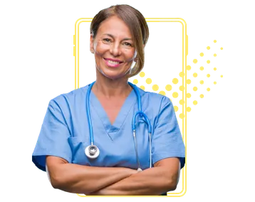 Woman doctor smiling and wearing scrubs and a stethoscope