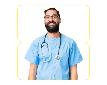 Man in scrubs wearing a stethoscope